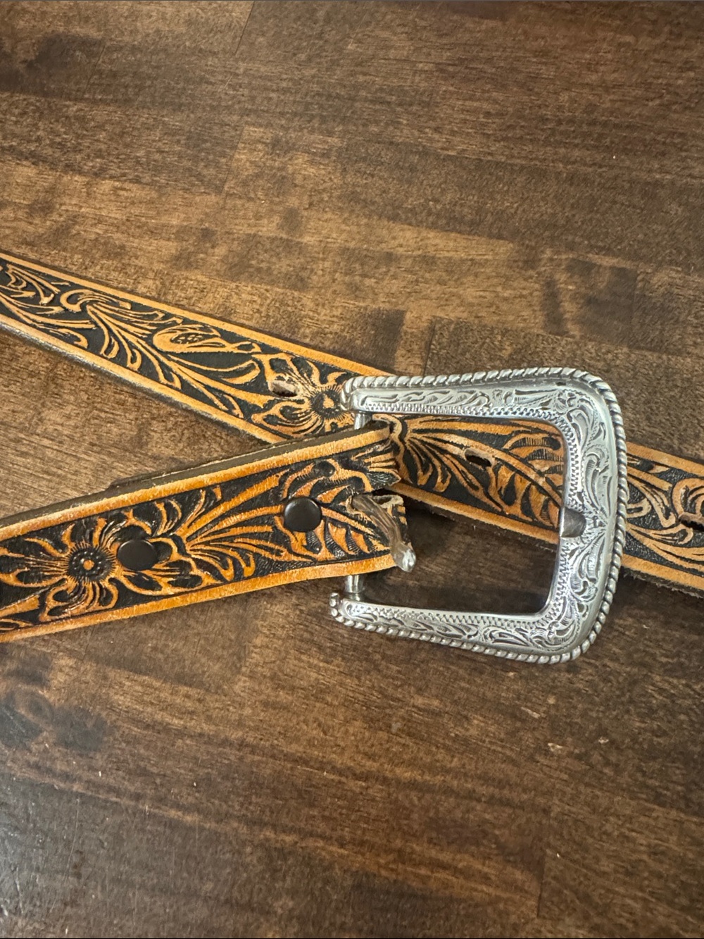 Tony Lama Tooled Floral Leather Belt with Silver Buckle - Brown
